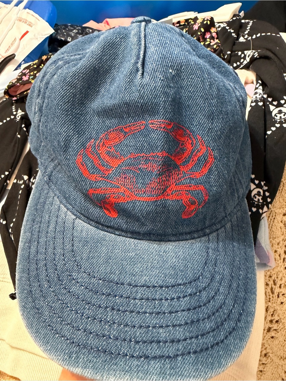 Blue Denim-Style Women's Cap with Embroidered Red Crab - Picture 1 of 3